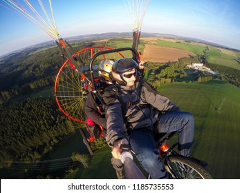 Powered Paragliding Tandem Flight, Man Taking Selfie With Action Camera