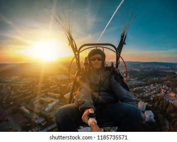 Powered Paragliding Tandem Flight, Man Taking Selfie With Action Camera