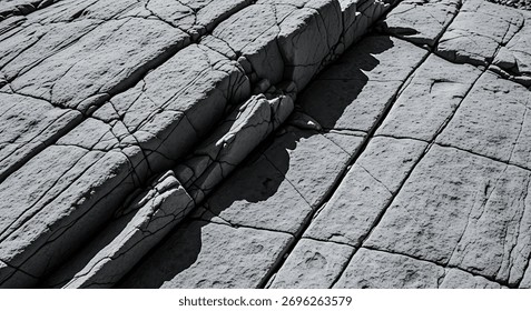 The powerful, angular form of a geological formation, captured in high-contrast black and white to emphasize its tessellated pattern.