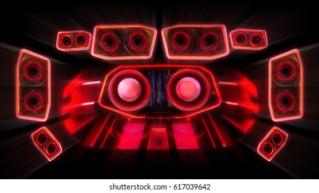 Powerful Audio System With Amplifiers Speakers And Red Led Light In The Car Trunk