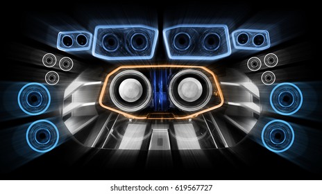 Powerful Audio System With Amplifiers Speakers And Red Led Light In The Car Trunk