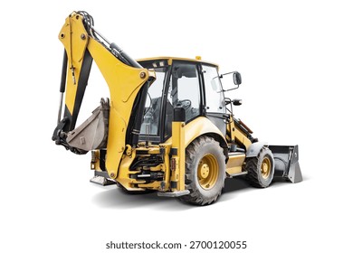 A powerful backhoe loader stands ready for work, showcasing its strong build and multifunctional capabilities for construction and landscaping tasks.