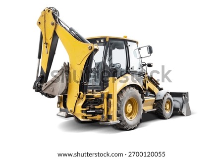 A powerful backhoe loader stands ready for work, showcasing its strong build and multifunctional capabilities for construction and landscaping tasks.