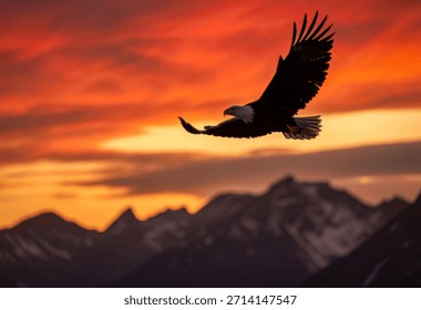 A powerful bald eagle glides gracefully through a vibrant orange and red sunset, silhouetted against a dramatic mountain landscape.