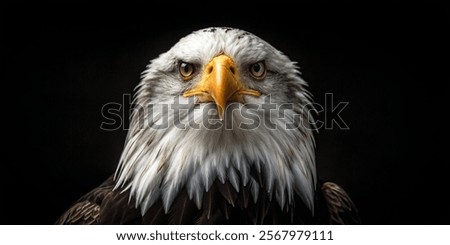 Powerful bald eagle with intense gaze and striking plumage against a dark backdrop.