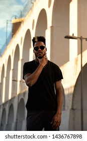 Powerful Black Man Street's Catwalk Fashion Shoot In Rio De Janeiro's Most Famous Spot Lapa Arches Highlighted By Beautiful Sun Rays