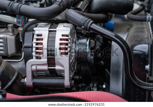 Powerful car engine.\
The internal design of the engine. Part of the car engine. Modern\
powerful car engine.