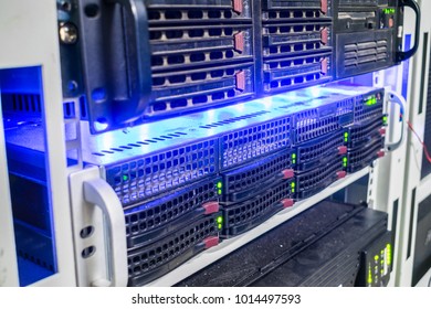 Powerful computer servers are in the rack. The computer equipment is  on the technical site of the Internet provider. The concept of data processing.