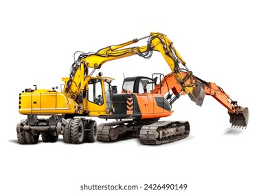 Powerful construction excavators, ready for heavy-duty work at a construction site. Construction equipment for excavation work. Isolated