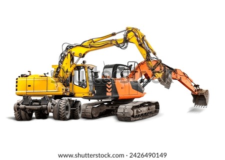 Powerful construction excavators, ready for heavy-duty work at a construction site. Construction equipment for excavation work. Isolated