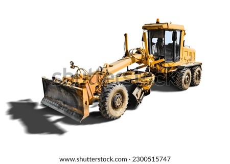 Powerful construction grader isolated on white background. Grader for land planning the ground close-up. Building equipment for earthworks. Rental of construction equipment