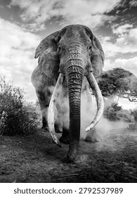  A powerful and dramatic low-angle black and white portrait of a massive African bull elephant striding directly toward the camera, its extraordinarily long curved tusks nearly touching the ground as dust swirls around its feet. The wide-angle perspective from ground level amplifies the animal's sheer dominance and scale against a dramatic cloudy sky and African bush landscape. The fine detail in the wrinkled skin, trunk texture, and tusks makes this an exceptional wildlife image. Ideal for wildlife conservation, African safari, nature photography, animal power, and editorial concepts