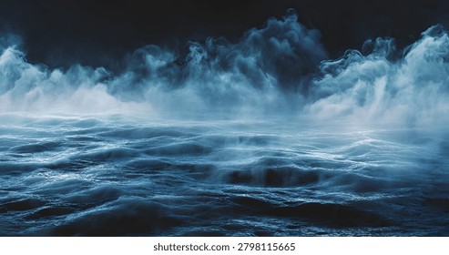 A powerful and dramatic scene of large blue ocean waves crashing and churning under a dark, ominous sky, conveying the raw force and beauty of nature.