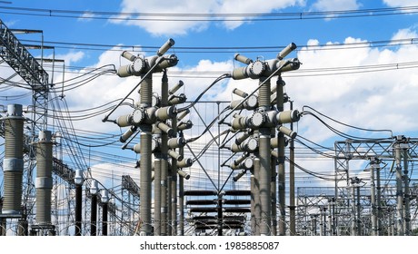 A powerful electrical Substation that provides power to industrial enterprises. High-voltage electric current.                           