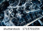 The powerful engine of a car. Internal design of engine. Car engine part. Modern powerful car engine.