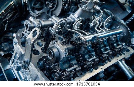 The powerful engine of a car. Internal design of engine. Car engine part. Modern powerful car engine.