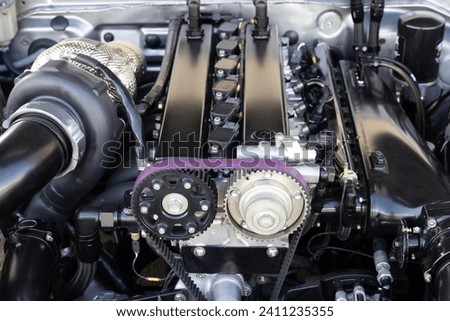 The powerful engine of car,  Internal design of engine, Car engine part, Under the hood of sports car.