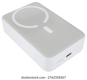 Powerful external battery for backup charging of devices, on a white background in isolation