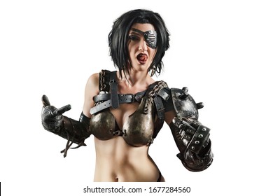 Powerful fantasy woman with the steel mechanical arm. Isolated on white background.