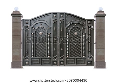Powerful gates with columns.  Isolated over white background.
