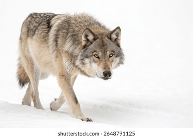 A powerful gray wolf strides purposefully through a pristine, snow-covered landscape. Its fur, a blend of gray and tan, blends seamlessly with the winter environment. 