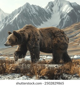 A Powerful Grizzly Bear Stalking Cautiously Through a Rugged Snow Capped Mountain Landscape in the Mid 20th Century Alaskan Wilderness - Powered by Shutterstock