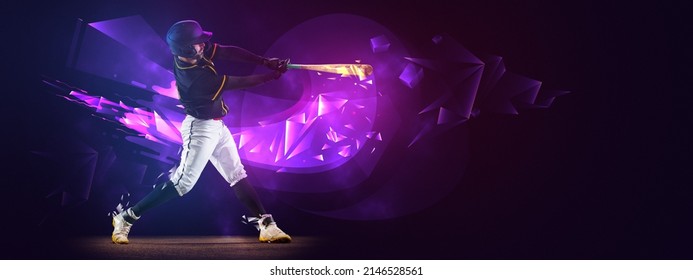 Powerful hit. One professional baseball player in motion and action with bat isolated on dark background with polygonal and fluid neoned elements. Concept of art, creativity, sport, energy and power - Powered by Shutterstock