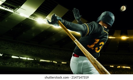 Powerful hit. Poster with baseball player with baseball bat in action during match in crowed sport stadium at evening time. Sport, win, winner, competition concepts. Collage, flyer for ad, text