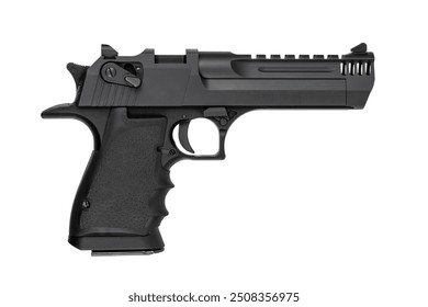 Powerful large caliber pistol. Silver pistol 50 caliber with black grip. Isolate on white background.