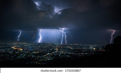 Powerful Lightning Storm Over City