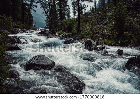 Similar – Foto Bild Fluss, der im Sommer durch den Wald fließt. Natürliche Landschaft im Hintergrund.