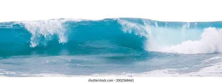 Powerful ocean blue waves with white foam isolated on a white background. Wide format.