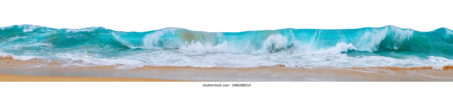 Powerful ocean waves with white foam isolated on a white background. Banner format. Marine beach background.