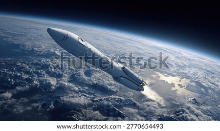 A powerful rocket ascends into the vastness of space, leaving Earth's atmosphere behind. The image captures the awe-inspiring journey of space exploration.