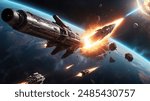 A powerful rocket, engines ablaze, charges through the starry void, launching lasers at a colossal alien spaceship glowing with eerie lights, amidst floating debris and distant celestial bodies.