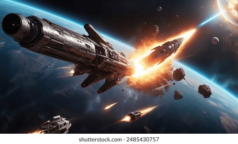 A powerful rocket, engines ablaze, charges through the starry void, launching lasers at a colossal alien spaceship glowing with eerie lights, amidst floating debris and distant celestial bodies.