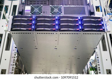 Powerful server equipment is in the rack of the data center. The central computer is  close-up. The concept of modern information technology.