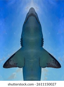 A powerful shark swims overhead as seen from inside a glass tunnel aquarium. The unique upward angle creates a dramatic effect, highlighting the predator’s form and power.
