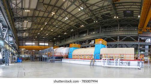 Powerful Steam Turbine In The Turbine Hall Of The Nuclear Power Plant