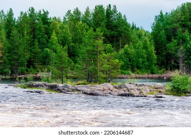 Powerful Stormy Mountain River In The Wild Taiga