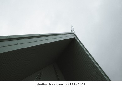 A powerful Tectonic Sublime view: the sharp, formidable eaves of a muted sage green modern building dramatically soar into the vast, pale overcast sky, evoking a sense of architectural mastery.