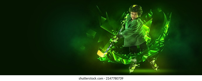 Powerful throw. Flyer with little boy, hockey player in sports equipment playing hockey on dark background with polygonal and fluid neon elements. Sport, championship, league, achievements