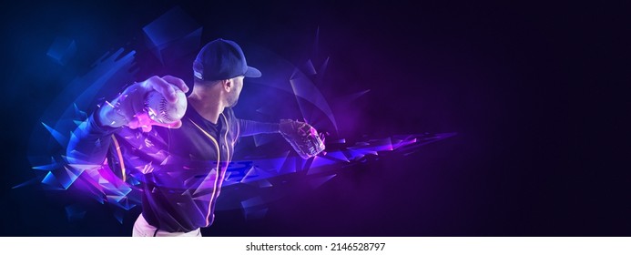 Powerful throw. One professional baseball player in motion and action with bat isolated on dark background with polygonal and fluid neoned elements. Concept of art, creativity, sport, energy and power - Powered by Shutterstock