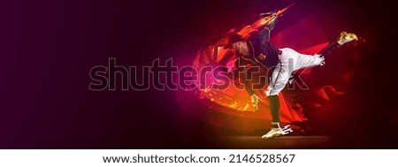 Powerful throw. One professional baseball player in motion and action with bat isolated on dark background with polygonal and fluid neoned elements. Concept of art, creativity, sport, energy and power