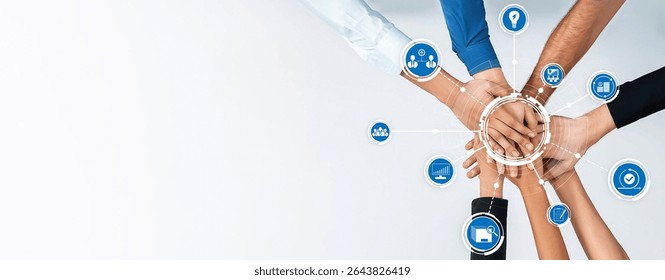 A powerful visual representation of teamwork and collaboration with diverse hands joining together, symbolizing partnership and unity in a modern business setting. Amity