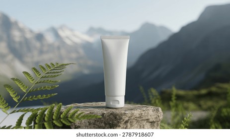 A powerful waterfall flows between verdant mountains under a clear blue sky in a tranquil landscape.