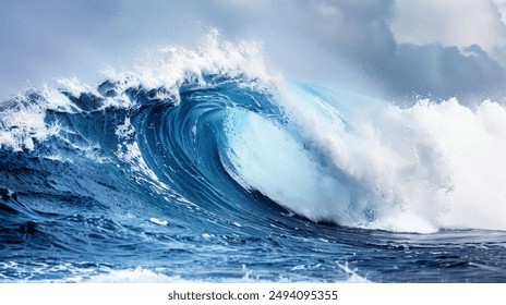 powerful wave crashes dramatically on the shore, capturing the energy and beauty of the ocean. This image symbolizes nature's force, resilience, and the exhilarating spirit of surfing