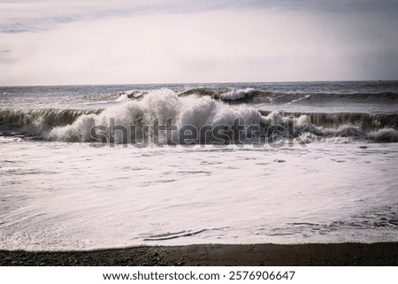 Similar – Image, Stock Photo Waves crashing on the rugged Praia Jalé shoreline
