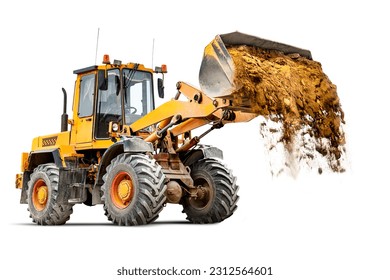 Powerful wheel loader or bulldozer isolated on white background. The loader pours sand from the bucket. Powerful modern equipment for earthworks. Rental of construction equipment