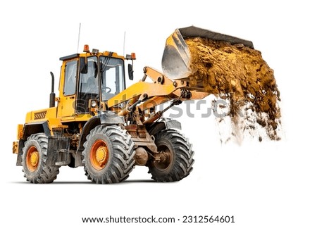 Powerful wheel loader or bulldozer isolated on white background. The loader pours sand from the bucket. Powerful modern equipment for earthworks. Rental of construction equipment